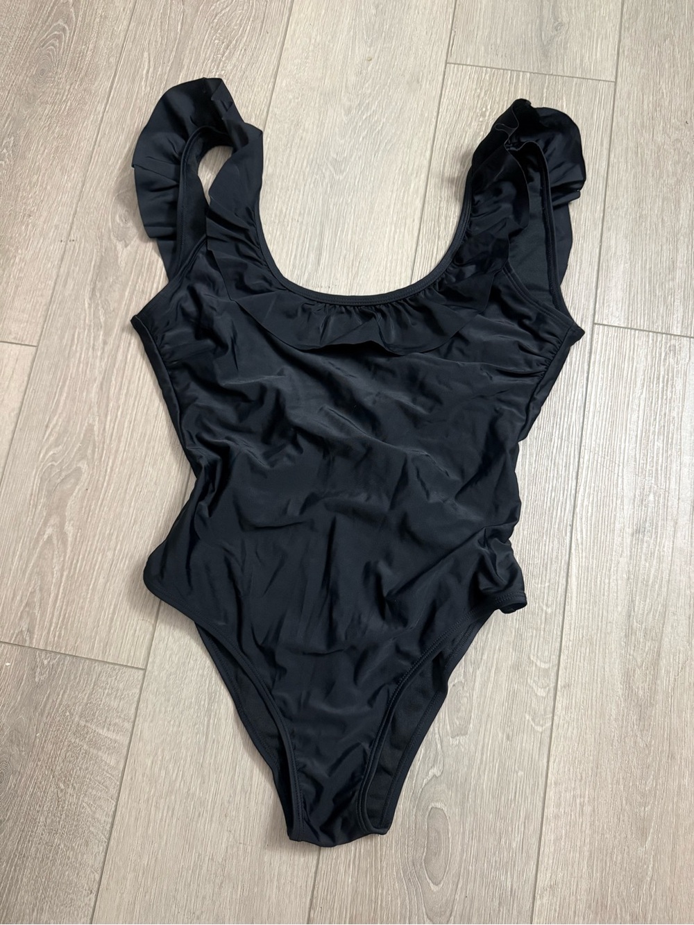 Black Ruffled Shoulder One-Piece Swimsuit